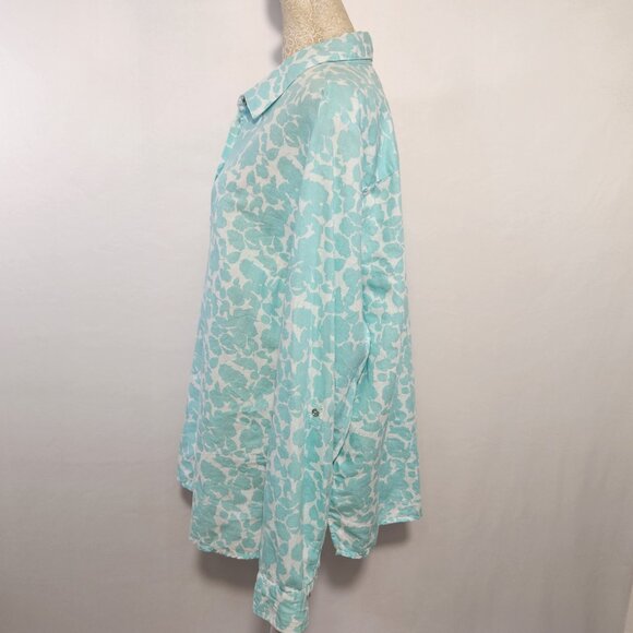 Charter Club Size XL Blue Floral Print Linen Button Down Roll Tab Sleeve Shirt - Picture 9 of 15